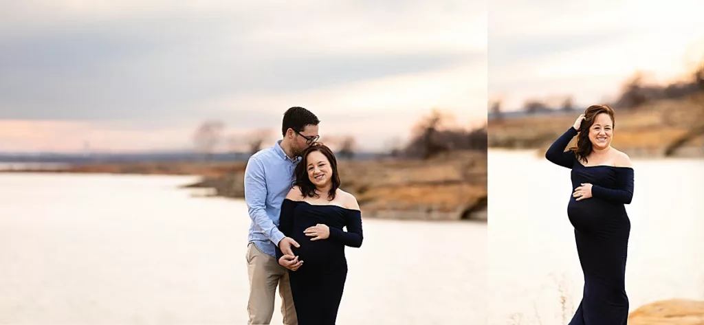 Couple on lake shore of Grapevine Lake in Flower Mound posing together and holding belly